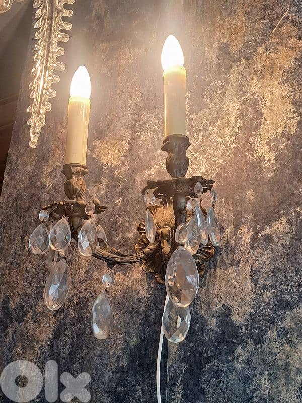 pair of czech bronze and crystal wall lights 0