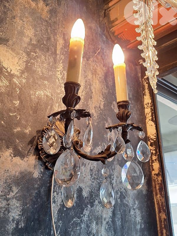 pair of czech bronze and crystal wall lights 1