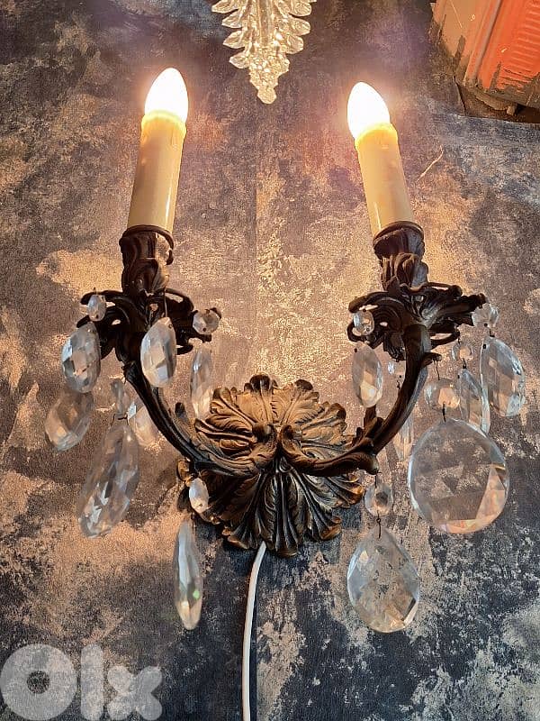pair of czech bronze and crystal wall lights 2