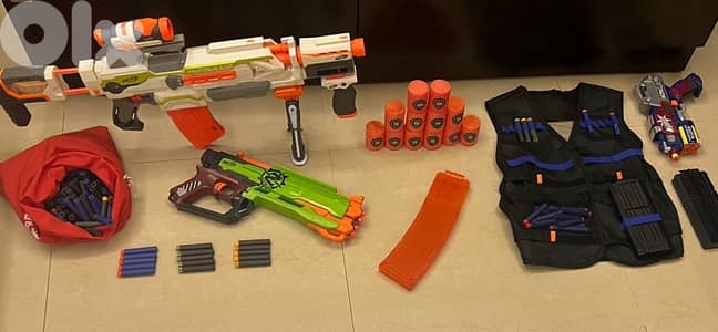 3 nerf guns (xl, medium and small) bullets, vest