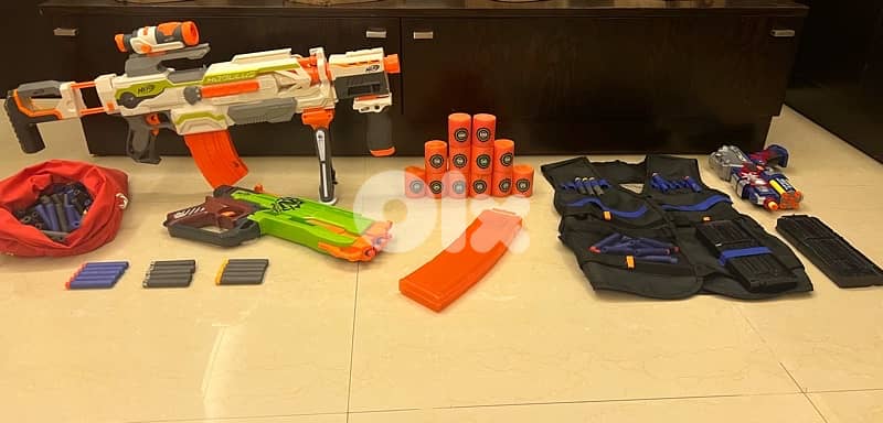3 nerf guns (xl, medium and small) bullets, vest 1