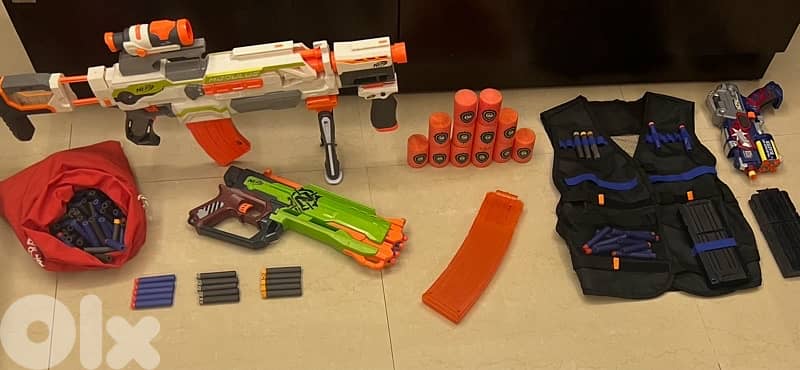3 nerf guns (xl, medium and small) bullets, vest 2