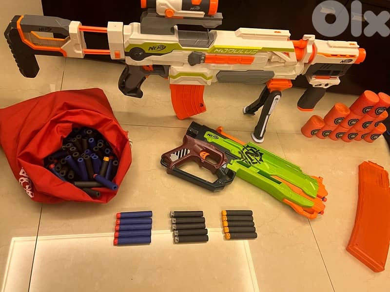 3 nerf guns (xl, medium and small) bullets, vest 3