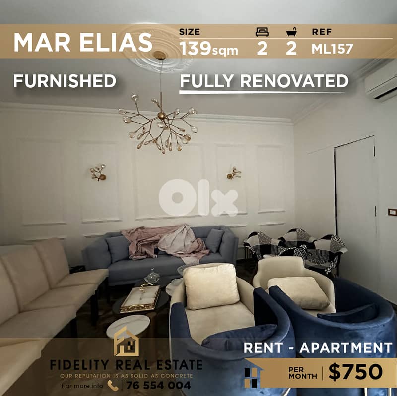 Apartment for rent in Mar Elias ML157 شقة للإيجار في مار الياس 0