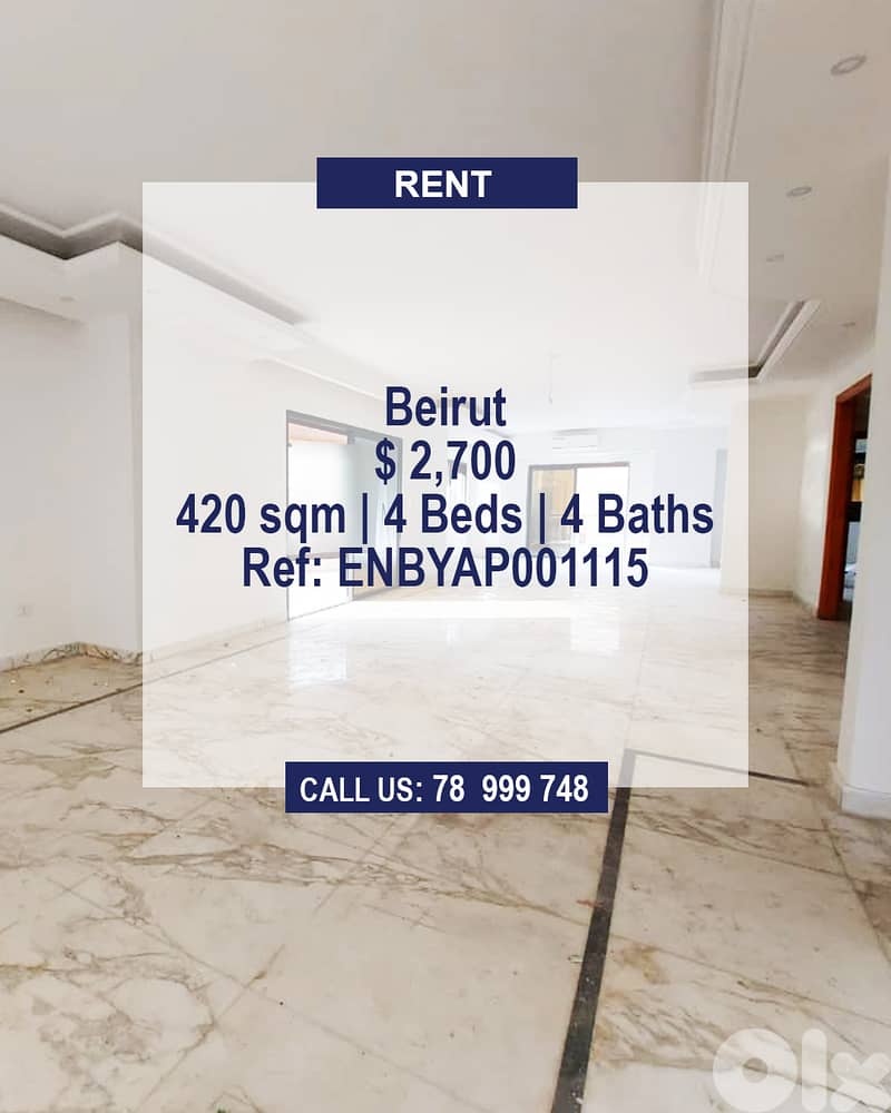 Apartment for Rent Beirut | Prime Location | Renovated | Calm Area 0