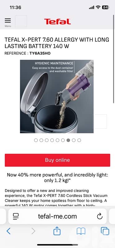 TEFAL X-PERT 7.60 ALLERGY WITH BATTERY 140 W REFERENCE : TY6A35HO 3