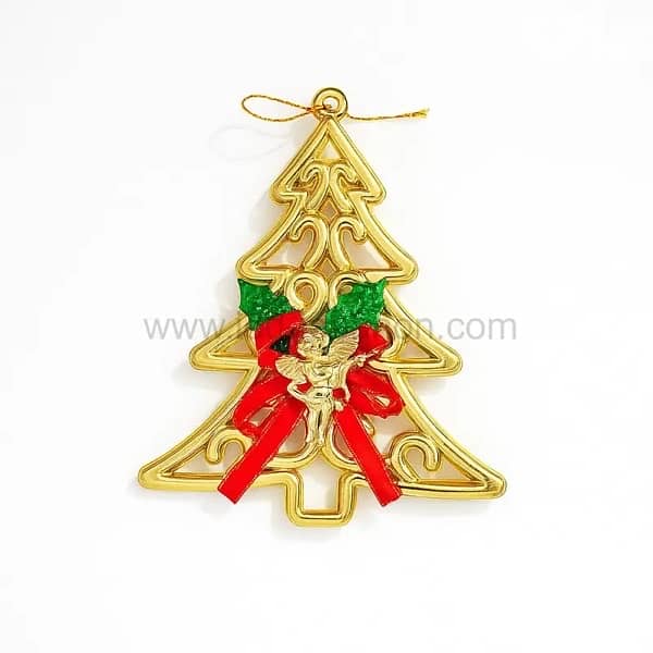 Golden Christmas Tree Ornament with Red Bow & Angel – 17 cm × 14.5 cm 0