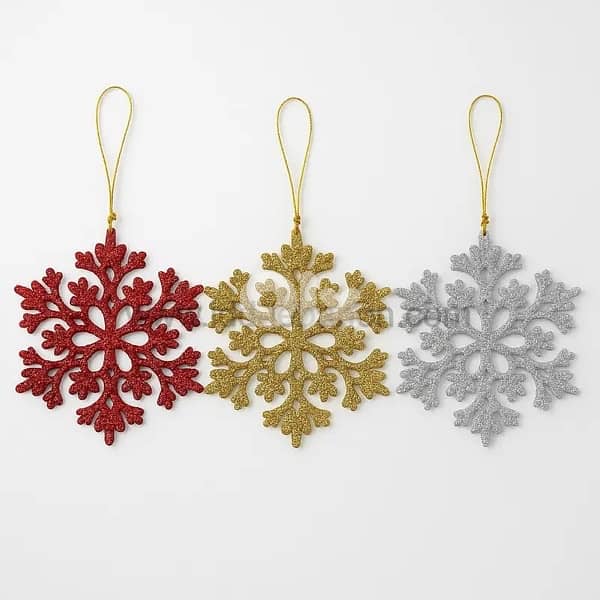 3pcs Glitter Snowflake Ornaments – Red, Gold & Silver 8.8 cm × 9 cm 0