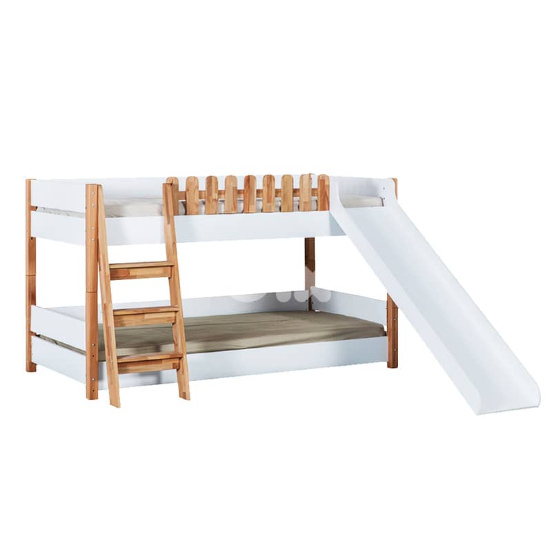 Wooden Toddler Double Bed With House Tent-سرير خشبي مزدوج وسلّم وزلاجة 0