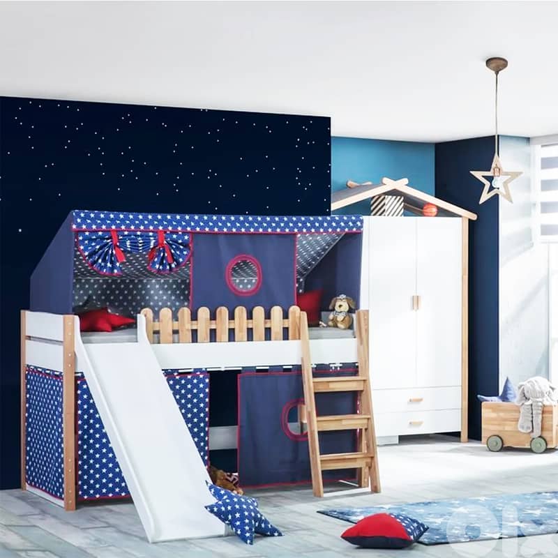 Wooden Toddler Double Bed With House Tent-سرير خشبي مزدوج وسلّم وزلاجة 1