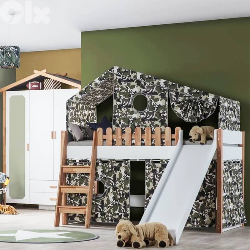 Wooden Toddler Double Bed With House Tent-سرير خشبي مزدوج وسلّم وزلاجة 2