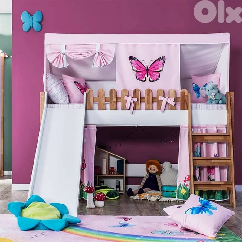 Wooden Toddler Double Bed With House Tent-سرير خشبي مزدوج وسلّم وزلاجة 3