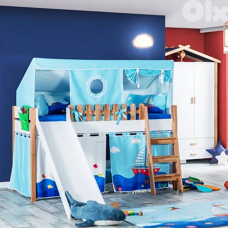 Wooden Toddler Double Bed With House Tent-سرير خشبي مزدوج وسلّم وزلاجة 4
