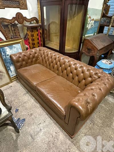 chesterfield sofa 180cm leather كنب فوتوي انجليزي انتيك جلد اصلي