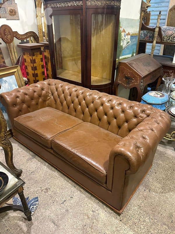 chesterfield sofa 180cm leather كنب فوتوي انجليزي انتيك جلد اصلي 2