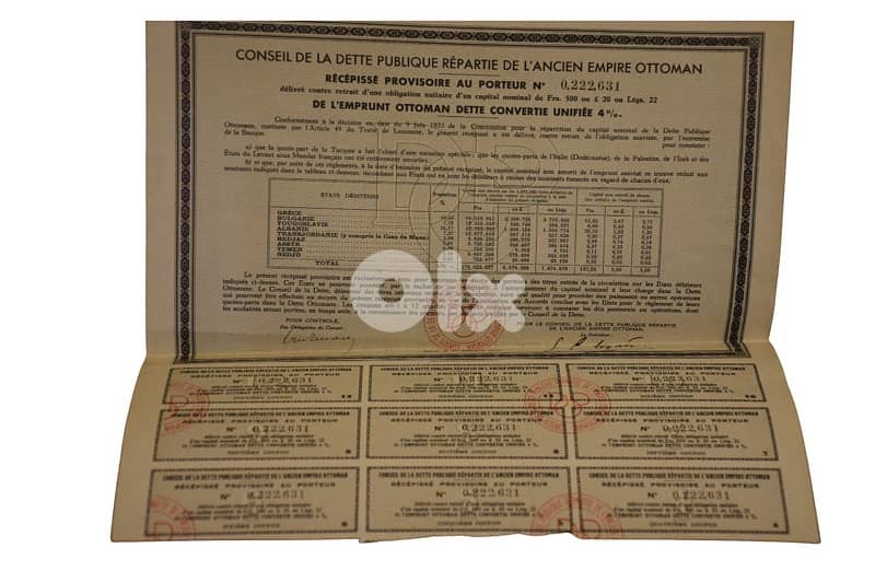 Rare 1933 Ottoman Public Debt Receip. Historical Original Coupons. 0