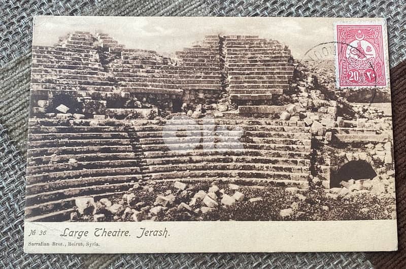 كرت بريد عثماني سنة ١٩٠٨ من بيروت إلى ليدز صورة جرش بيروت ختم Beyrouth 0