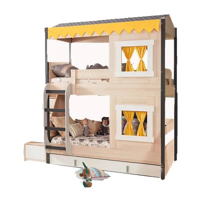 Light Wooden Bunk Bed with a Tent & Ladder & Drawer - سرير بطابقين خشب