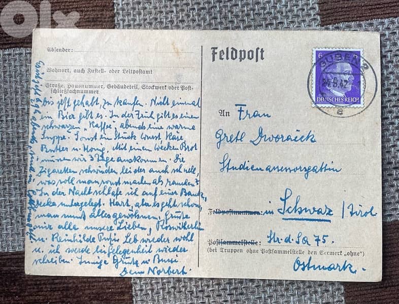 كرت بريد من الجنود الأمان النازي إلى عائلته سنة ١٩٤٢ 0