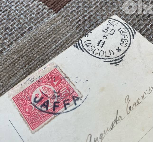 كرت بريد لبناني عثماني فلسطيني صورة لبعلبك وطابع عثماني ختم يافا ١٩١١ 1