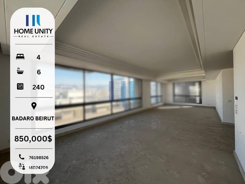 Bright 240 sqm Apartment on 9th Floor in Central Badaro, Beirut 0