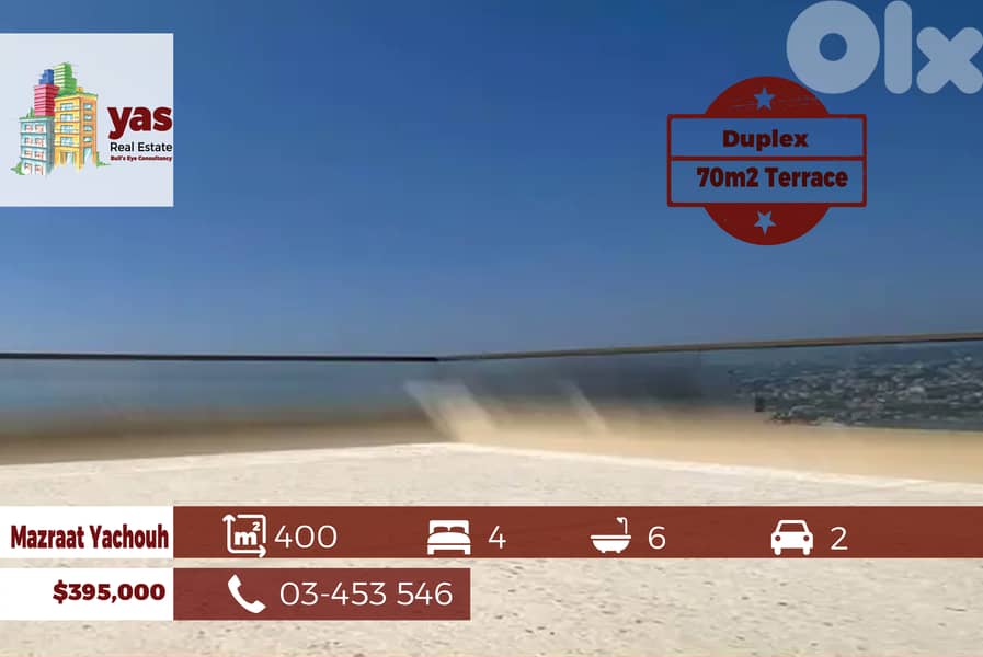Mazraat yachouh 400m2 | 70m2 Terrace | Duplex | Open View | OH | 0