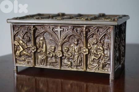 christian antique brass jewelery box