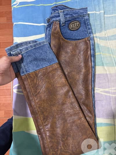 VINTAGE 90s Elite Paris Denim Leather Chaps Pants | RARE Biker