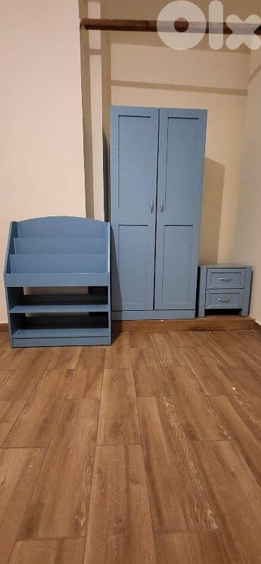 blue set for children room (closet, drawers, bookshelves)