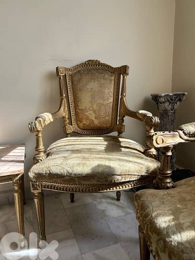 Antique Louis XVI Style Salon Set - Sofa, 4 Chairs & Marble Tables
