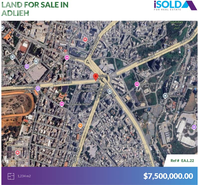 1234m2 Prime land 4sale in Adlieh/On the main roadأرض للبيع في العدلية 0