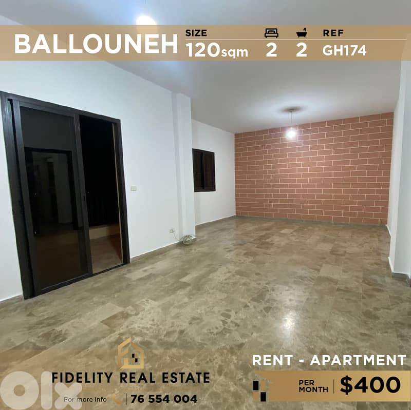 Apartment for rent in Ballouneh GH174 شقة للإيجار في بلونة 0