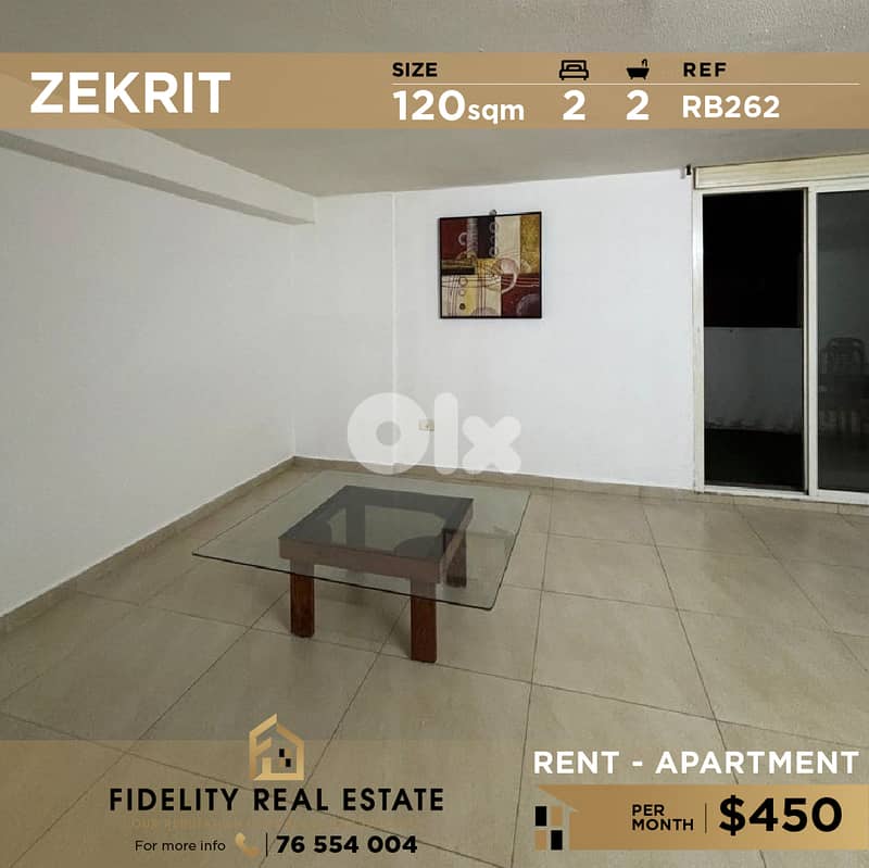 Apartment for rent in Zekrit RB262  شقة للإيجار في زكريت 0
