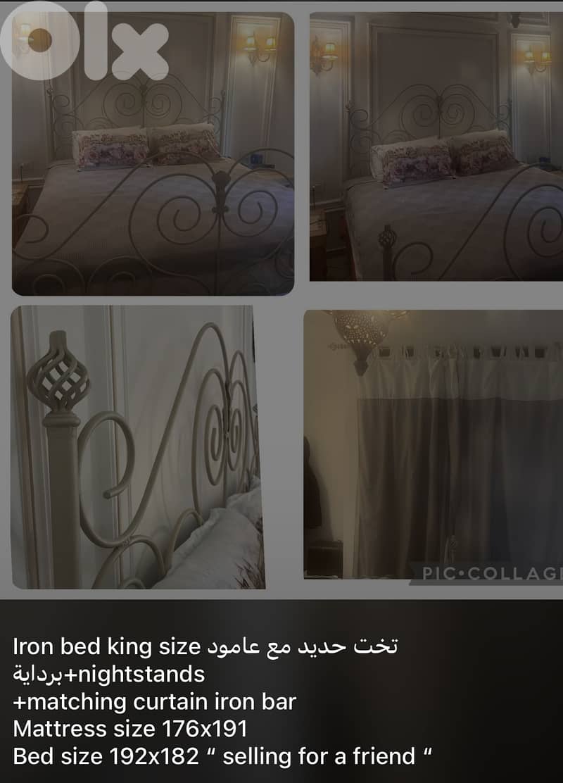 bed, curtain bar, 2 nightstands, iron 2