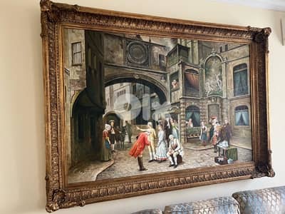Large Vintage Framed Oil Painting – Street Scene, Baroque-Style Frame