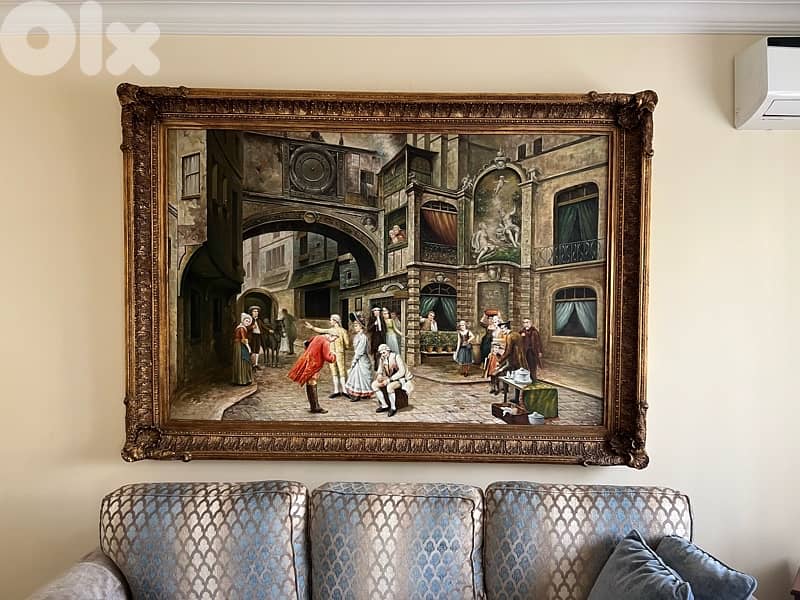Large Vintage Framed Oil Painting – Street Scene, Baroque-Style Frame 1