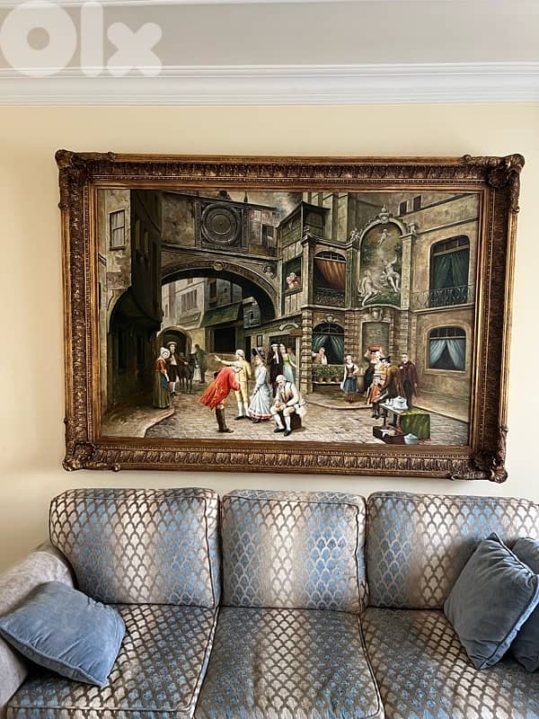 Large Vintage Framed Oil Painting – Street Scene, Baroque-Style Frame 2