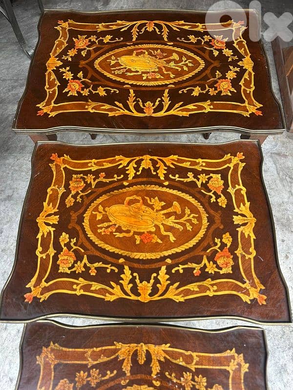 frensh set table gigon salon 3 pcs طقم ٣ قطع طاولات فرنسي ماركتري 2