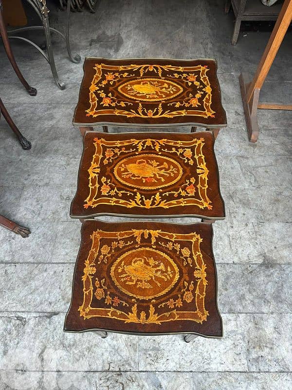 frensh set table gigon salon 3 pcs طقم ٣ قطع طاولات فرنسي ماركتري 3