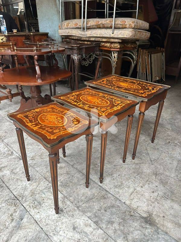 frensh set table gigon salon 3 pcs طقم ٣ قطع طاولات فرنسي ماركتري 6
