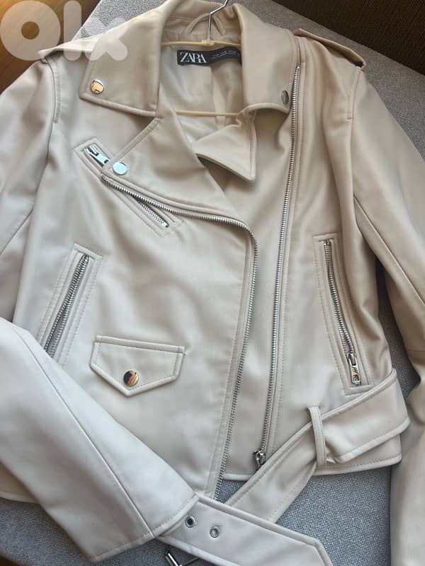 Zara leather biker off white jacket 0