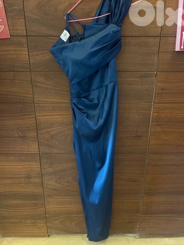 blue long satin evening party dress 0