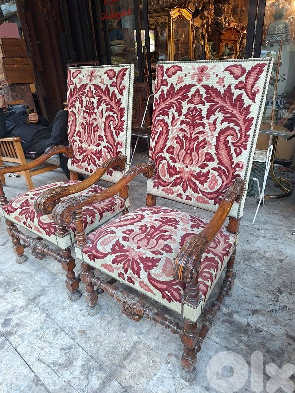 كنب فوتوي برجير عدد٢ ضهر عالي قماش اوبيسون حياكة يد فرنسي انتيك 0