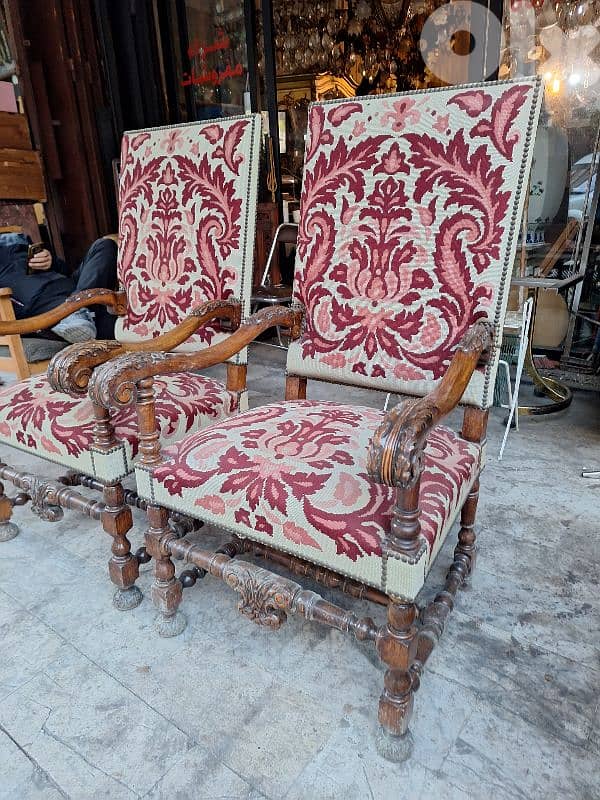 كنب فوتوي برجير عدد٢ ضهر عالي قماش اوبيسون حياكة يد فرنسي انتيك 1