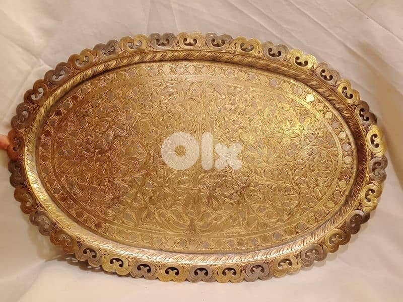 صينية قديمة نحاس وفضة نقش يدوي 0