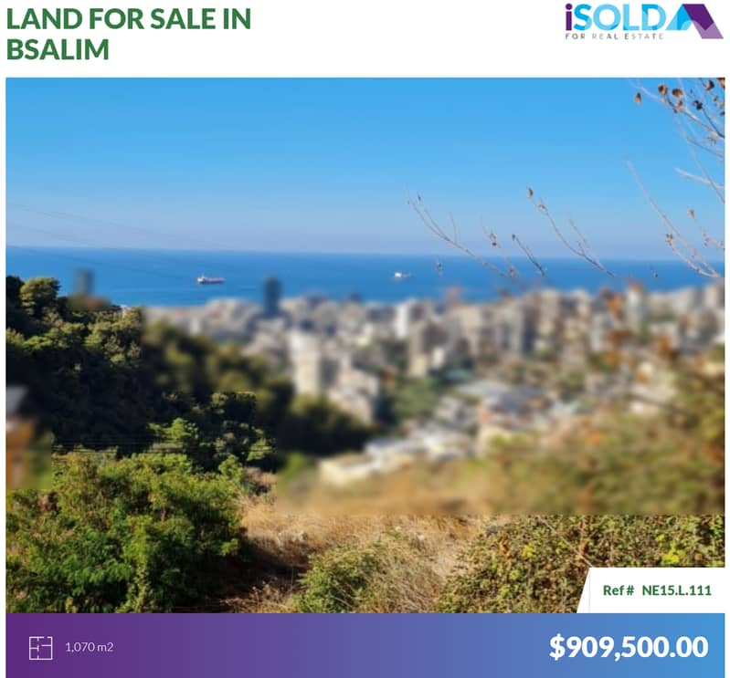 1070m2 Prime land+sea view for sale in Bsalim - أرض للبيع في بصاليم 0