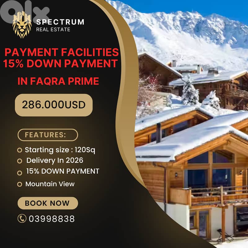PAYMENT FACILITIES CHALET IN FAQRA PRIME 15% D. P + GARDEN, (KFA-237) 0