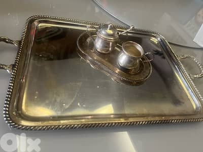 Vintage silver tray and silver creamer and sugar pot