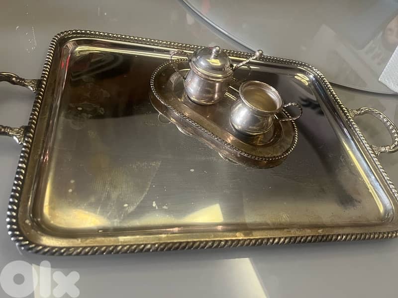 Vintage silver tray and silver creamer and sugar pot 0