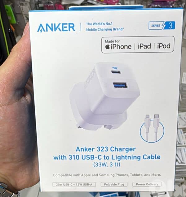 Anker 323 charger with 310 usb-c to lightning cable (33w,3ft) 3pin 0